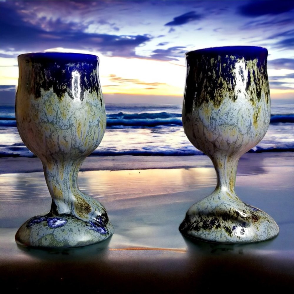 Doug Wylie Whale Tail Set-2 Wine/Water Handmade Goblet Blue/Grey Drip Pottery